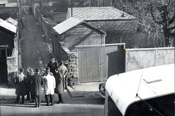 Police at the lane wher<em></em>e the body of Patricia Docker was found in 1968. 