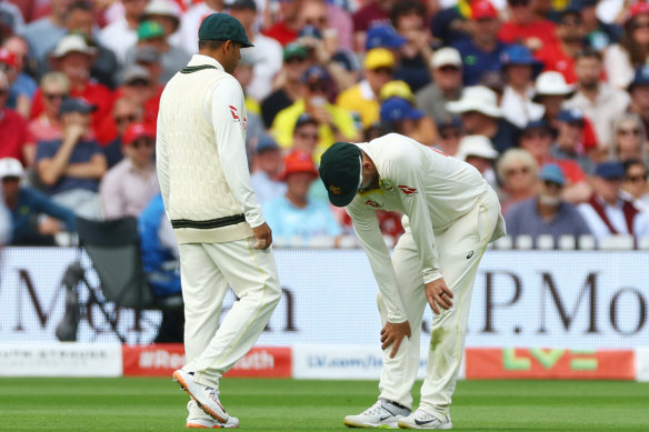 Nathan Lyon after picking up a calf injury.