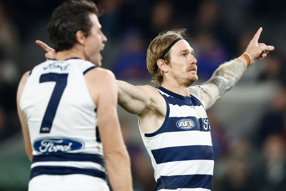 Geelong defender Tom Stewart kicks a rare goal.