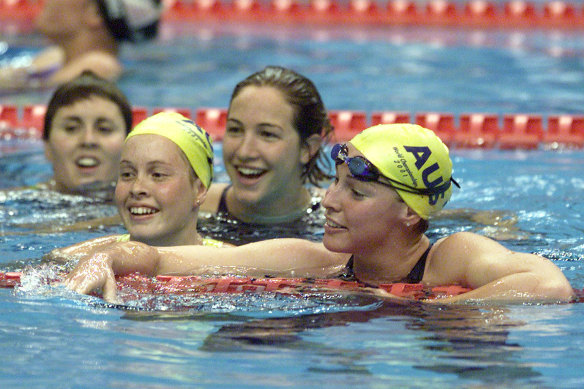 From left to right: Petria Thomas, Linda MacKenzie, Elka Graham and Giaan Rooney after their 4x200m freestyle final. 