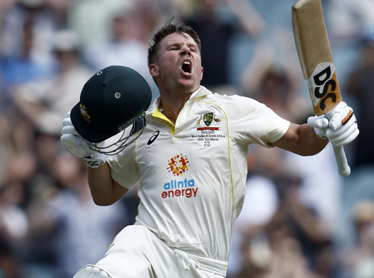 David Warner celebrates after reaching 200 against South Africa.