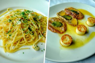 The pasta with prawns and veal saltimbocca at Di Stasio Citta.