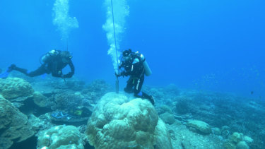 Coral core extraction off Christmas Island.