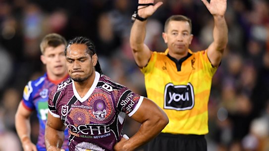 Marty Taupau gets his marching orders in Newcastle on Sunday.