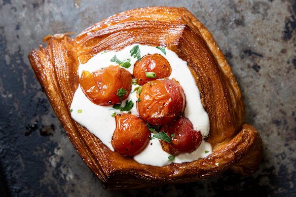 Johnny Baker's roast tomato Danish pastry with whipped honey feta.