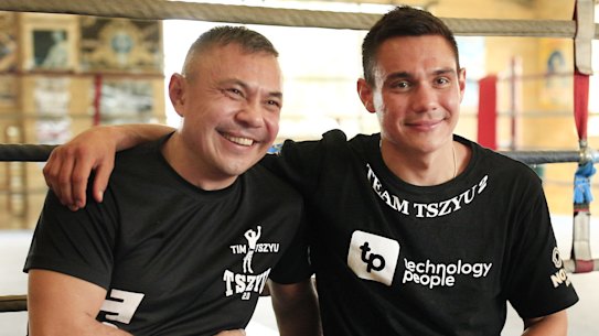 Former world champion Kostya Tszyu and son Tim Tszyu in Sydney in 2019.