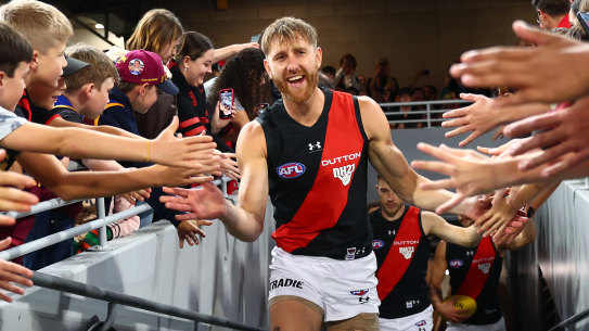 Dyson Heppell of the Bombers runs out for his last game.