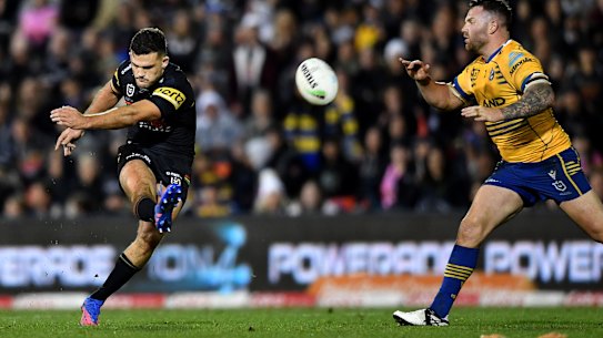 Nathan Cleary misses a late attempt at a two-point field goal against Parramatta last weekend.