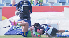 Wiki’s ponytail seen touching the white touch line.
