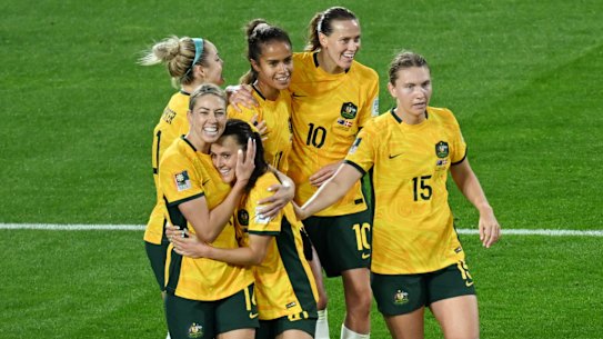 Australia’s Hayley Raso celebrates scoring their second goal with teammates 