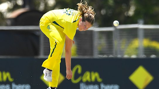 Darcie Brown fires one down against India.