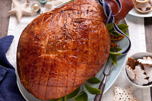 Soy and citrus glazed baked ham.