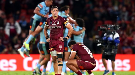 Dane Gagai reacts during the Maroons’ 26-0 Origin humilation in Brisbane on Sunday.