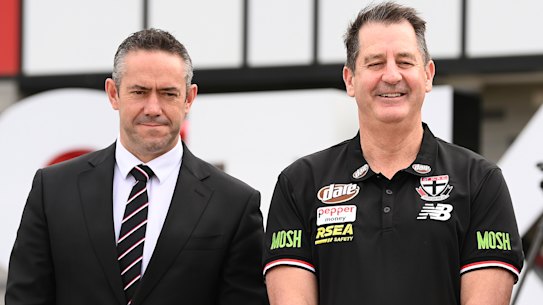 There are murmurs of friction between St Kilda coach Ross Lyon and CEO Simon Lethlean, pictured here alongside president Andrew Bassat.