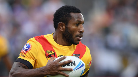Edwin Ipape of PNG during a rugby league Test match against Fiji Bati and in Christchurch. 
