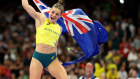Nina Kennedy celebrates her win of in the women’s pole vault, to become the first Australian woman to win gold in an athletics field event.