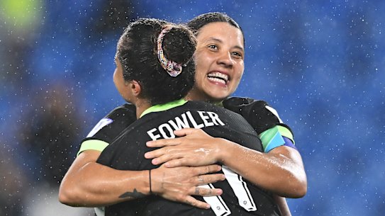 Sam Kerr congratulates Mary Fowler on her return to the international scoreboard. Both players were returning from ACL injuries, but played big minutes in the tournament.
