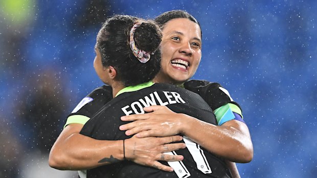 Sam Kerr congratulates Mary Fowler on her return to the international scoreboard. Both players were returning from ACL injuries, but played big minutes in the tournament.