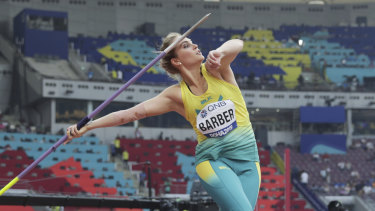 Kelsey-Lee Barber is in medal contention in the women's javelin.