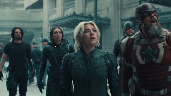 Bucky Barnes (Sebastian Stan), Ghost (Hannah John-Kamen), Yelena Belova (Florence Pugh), John Walker (Wyatt Russell), and Red Guardian/Alexei Shostakov (David Harbour) in Thunderbolts.