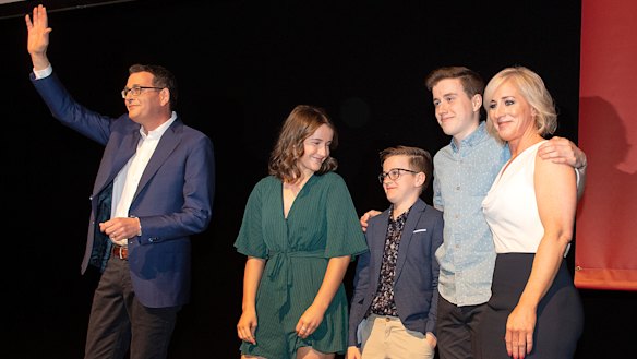 Victorian Premier Daniel Andrews, his children Grace, Joseph, Noah, and wife Catherine are seen on stage during the Victorian Labor Party's official state election campaign launch. 