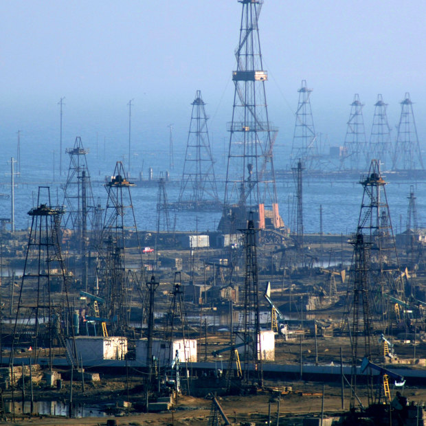Oil wells off Baku, Azerbaijan. 