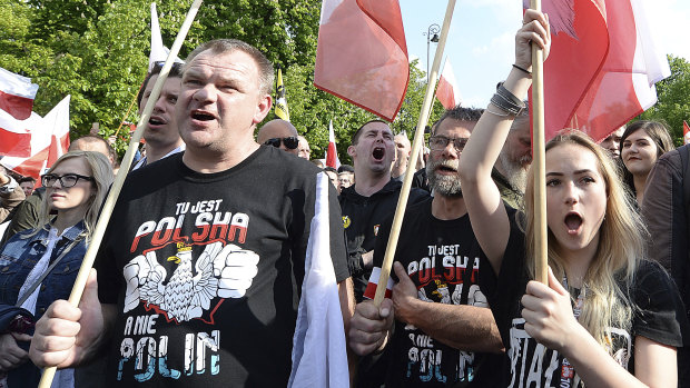 Polish nationalists march on the US Embassy, in Warsaw, to protest a push for Poland to compensate Jews whose families lost property during the Holocaust.
