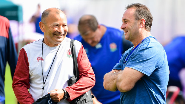 England coach Eddie Jones with Canberra NRL coach Ricky Stuart in England camp in Oita.