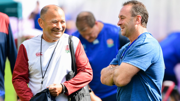 England coach Eddie Jones with Canberra NRL coach Ricky Stuart in England camp in Beppu.