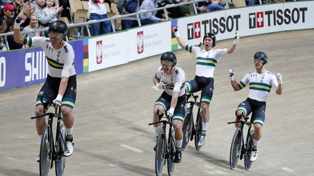 Australia celebrate their world record and victory in the men's team pursuit.