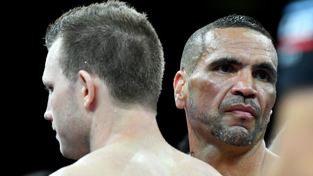 Mismatch: Anthony Mundine was hammered by Jeff Horn in just over one minute.