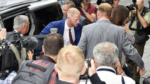 Return: Ben Stokes arrives at Bristol Crown Court, where he was cleared of affray charges.
