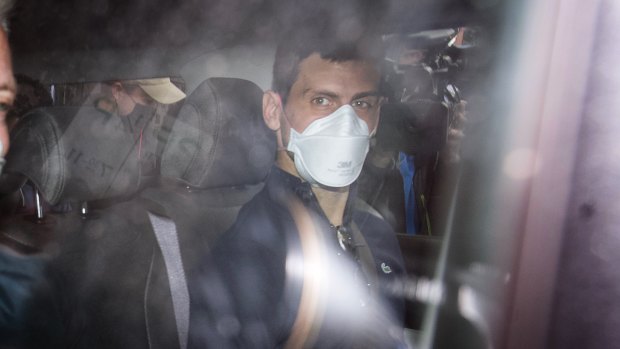 Novak Djokovic leaving Melbourne’s Park Hotel immigration detention on Sunday. 