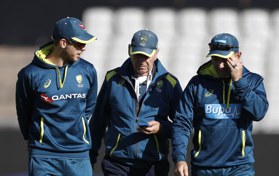 Hohns, pictured (centre) with Test captain Tim Paine and coach Justin Langer, believes a group of selectors is needed to watch players the coach can’t.