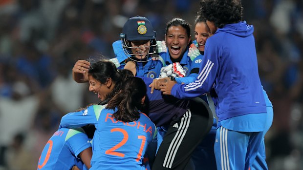The Indians celebrate their World Cup semi-final win over Australia last October.