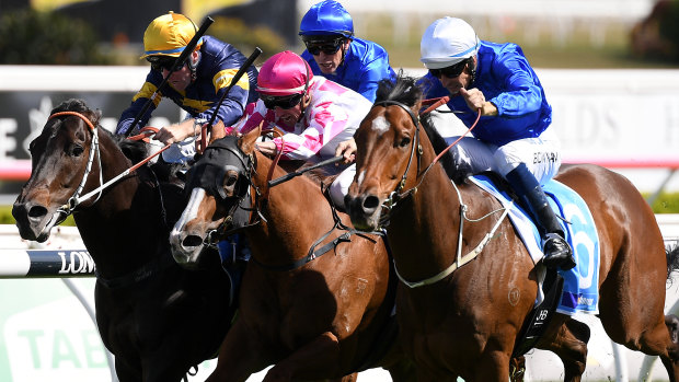 Late swoop: Hugh Bowman rides Deprive (right) to victory in the Sydney Stakes at Royal Randwick.