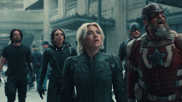 Bucky Barnes (Sebastian Stan), Ghost (Hannah John-Kamen), Yelena Belova (Florence Pugh), John Walker (Wyatt Russell), and Red Guardian/Alexei Shostakov (David Harbour) in Thunderbolts*.
