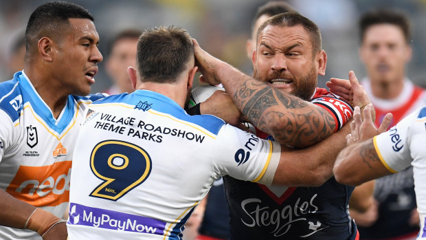 Jared Waerea-Hargreaves rips into the Titans’ defensive line in last year’s elimination final.
