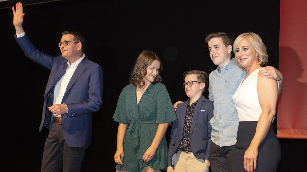 Victorian Premier Daniel Andrews, his children Grace, Joseph, Noah, and wife Catherine are seen on stage during the Victorian Labor Party's official state election campaign launch. 