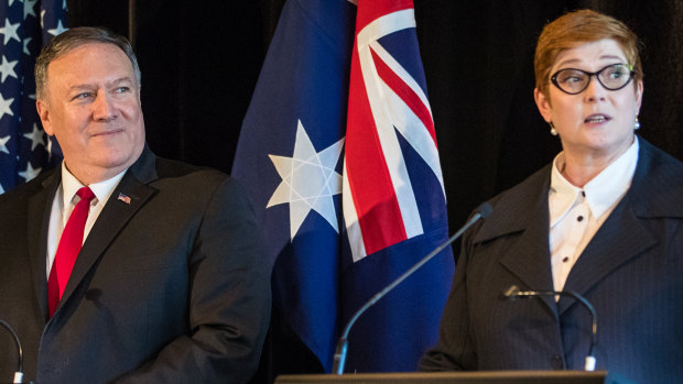 Mike Pompeo, US Secretary of State and Australia's Minister for Foreign Affairs at a joint press conference at state Parliament. 