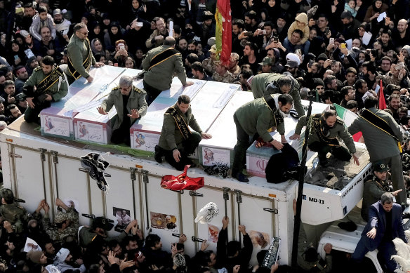 The coffins of Qassem Soleimani and others killed by the US drone strike during a funeral procession at the Enqelab-e-Eslami (Islamic Revolution) square in Tehran.