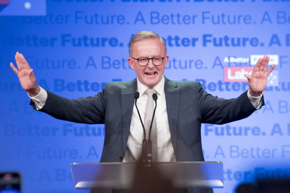 Anthony Albanese celebrates on election night in May.