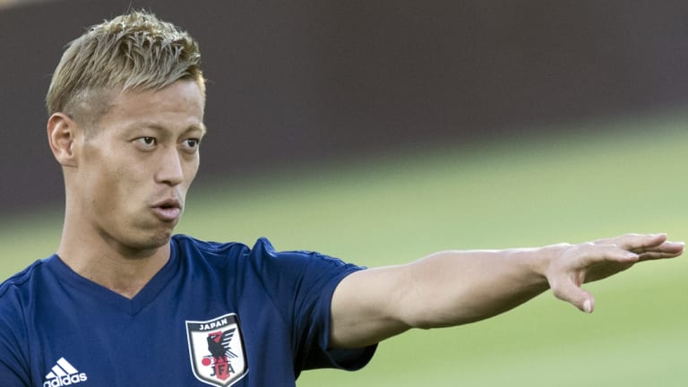 Spot on: Keisuke Honda got on the scoresheet for Melbourne Victory with a practice-match penalty against Wellington Phoenix.