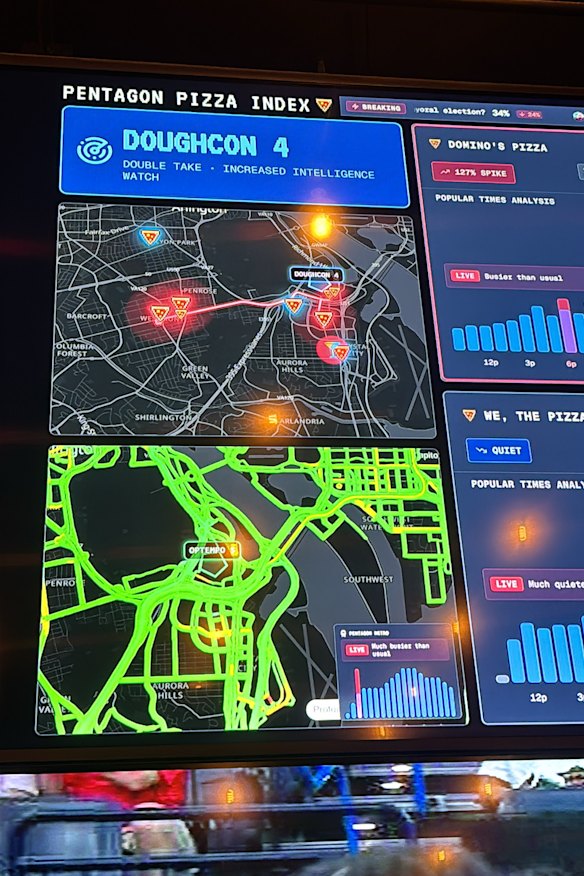 O “índice de pizza do Pentágono” reflete o negócio das pizzarias próximas ao Pentágono. Supõe-se que seja um barómetro para saber se há um aumento da actividade no Pentágono.