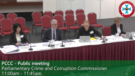 Members of the Queensland Crime and Corruption Commission appear at a public meeting of the Parliamentary Crime and Corruption Committee on Friday, September 15, after the dismissal of an appeal to the High Court to publish a report on an investigation into former public trustee Peter Carne.