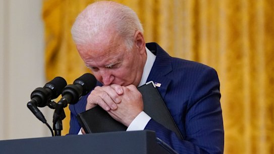 US President Joe Biden pauses as he listens to a question about the bombings at the Kabul airport that killed more than a dozen American soldiers.