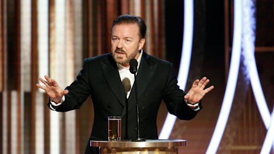 Ricky Gervais pictured hosting 2020’s Golden Globes. This year’s telecast of Hollywood’s second-most prestigious awards show has been scrapped.