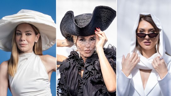 Michelle Monaghan, Pip Edwards and Hannah Dal Sasso on Derby Day at Flemington Racecourse.
