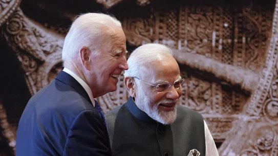 Indian Prime Minister Narendra Modi welcomes US President Joe Biden upon his arrival at Bharat Mandapam convention center for the G20 Summit.