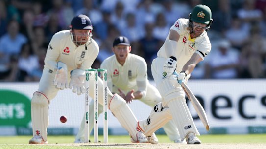 Australia's Travis Head plays a shot.